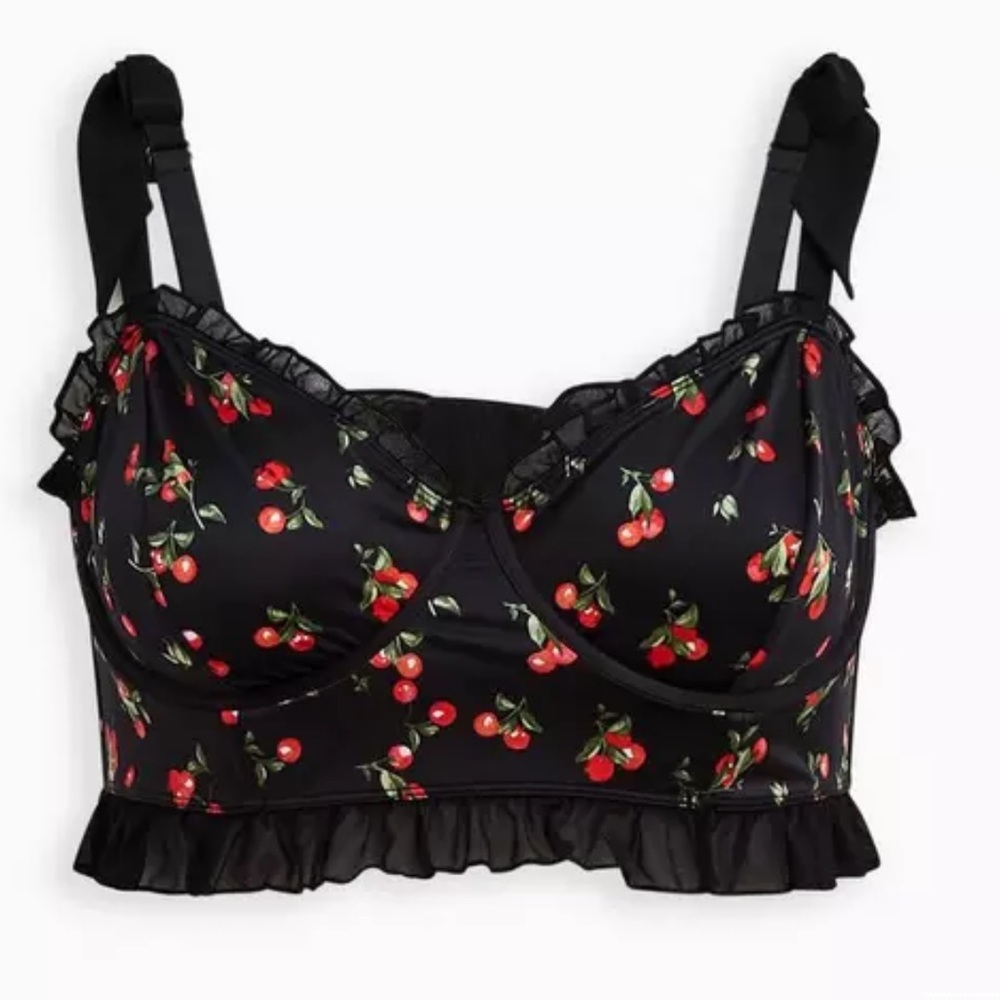 Torrid Black Satin Ruffle Cherry Print Underwire Bra